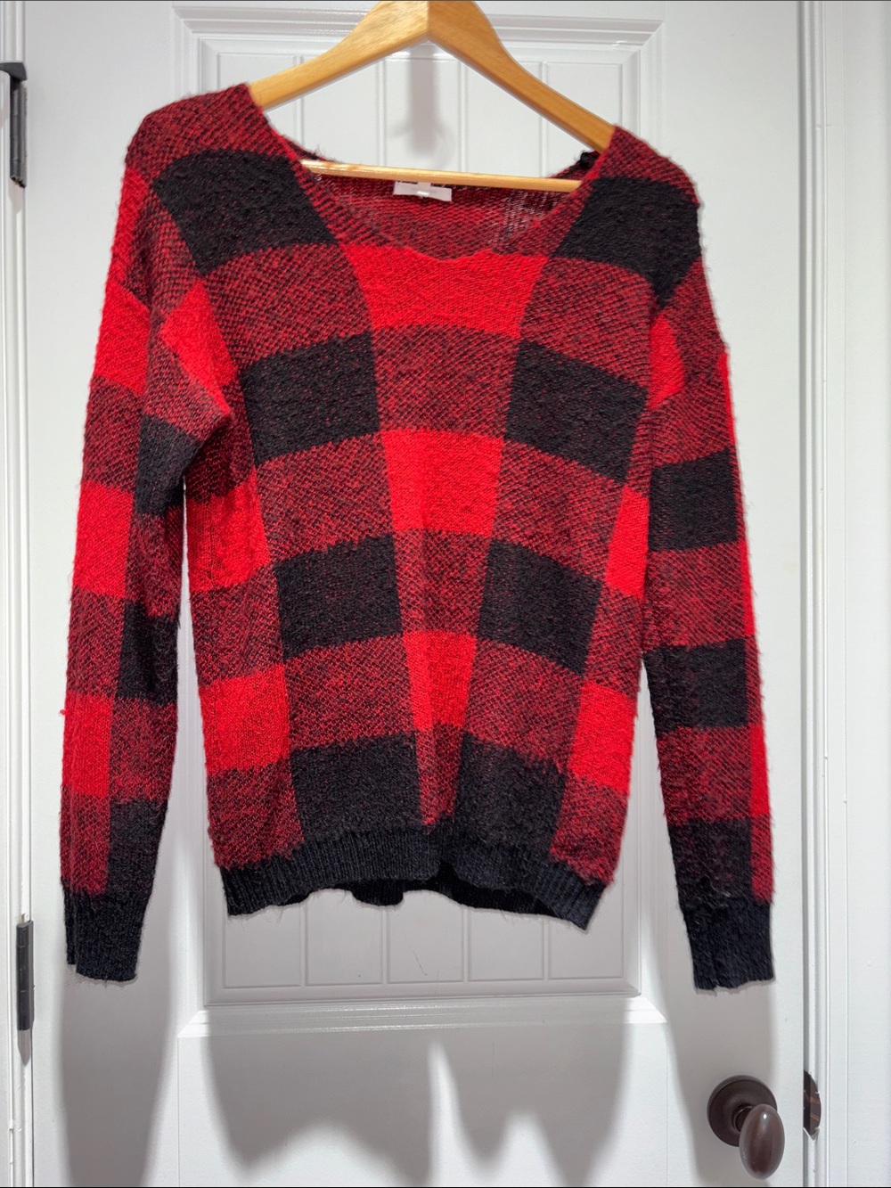 Maurices Red and Black Buffalo Plaid Scoop Neck Sweater